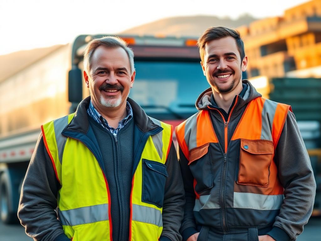 L'équipe familiale de Léon Recyclage devant son camion et son dépôt