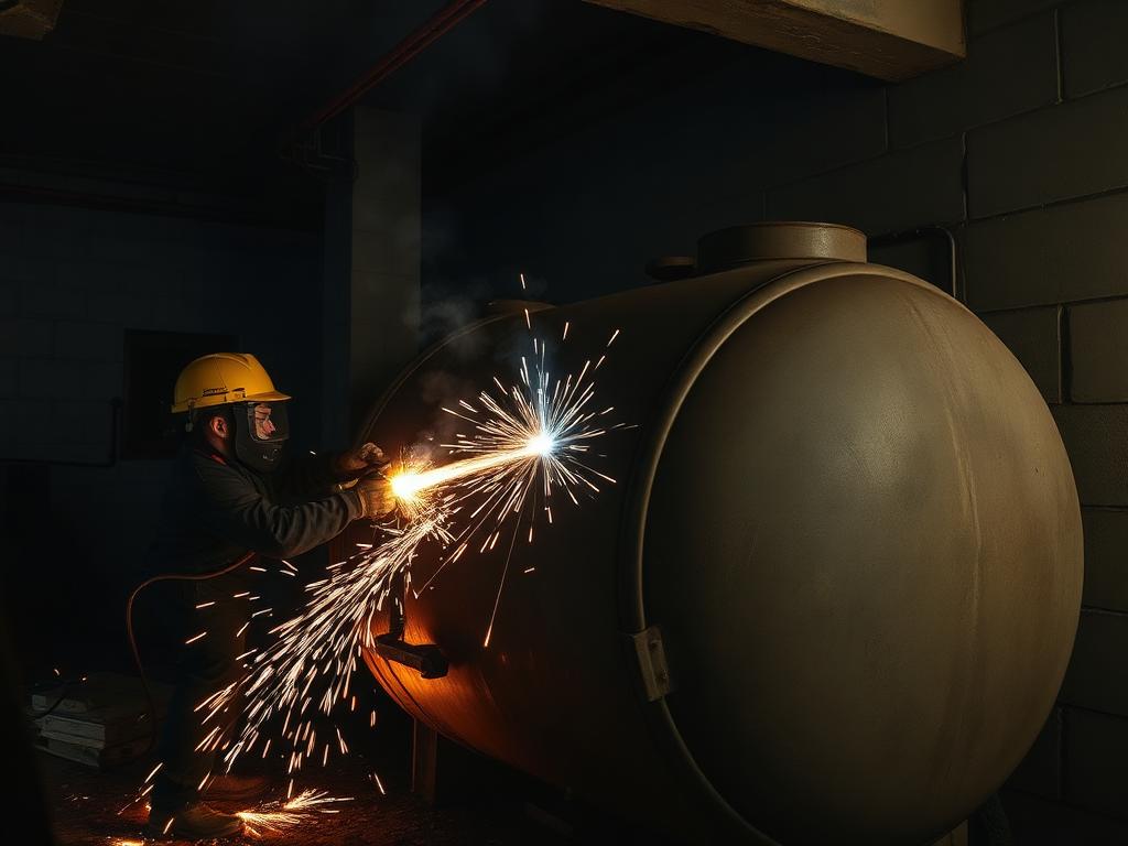 Découpage d'une citerne à mazout au plasma par un technicien de Léon Recyclage