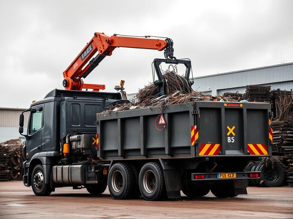 Camion-grue de Léon Recyclage chargeant des matériaux dans une benne